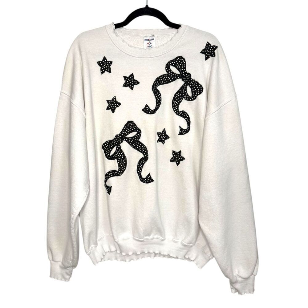Vintage Jerzees Women’s XL Crewneck Sweatshirt Coquette Polka Dot Bows Stars 90s